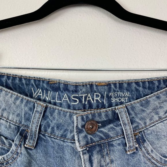 Vanilla Star Woman's Sz 9 Light Wash Fringe Festival Denim Cut‎ Off Shorts - Picture 3 of 7